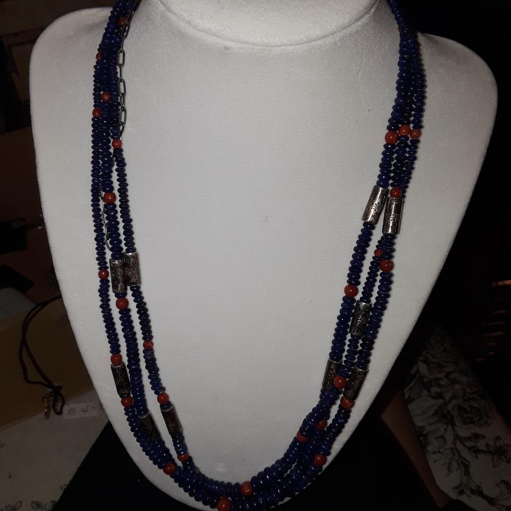 NATIVE AMERICAN LAPIS LAZULI W/ CORAL STERLING SILVER